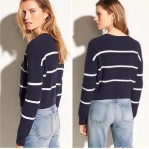 Vince Navy Striped Cropped Knit Sweater M | Cotton Ribbed Crewneck